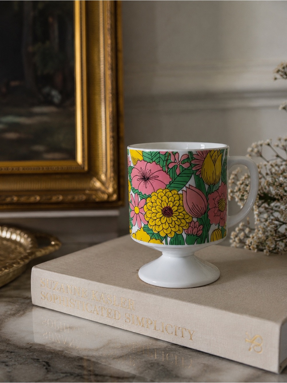 Vintage - Japan - Floral Pedestal Mug with Pink, Yellow & Green Pattern